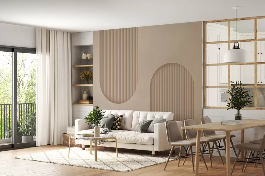 Fototapeta Tapeta teksturowana w stylu Art Deco w ciepłych odcieniach beżu. Imitacja łuków wolumetrycznych    w08048