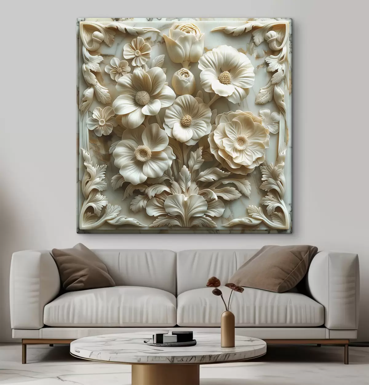 Obraz 3D białe płaskorzeźby kwiaty na marmurowym tle z ramą s39739