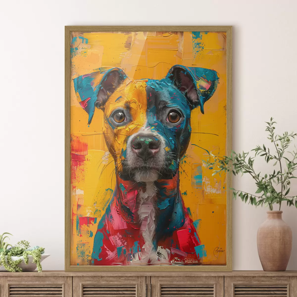 Plakat Portret Pitbulla z żółtymi i niebieskimi pociągnięciami pędzla olejnego f39722