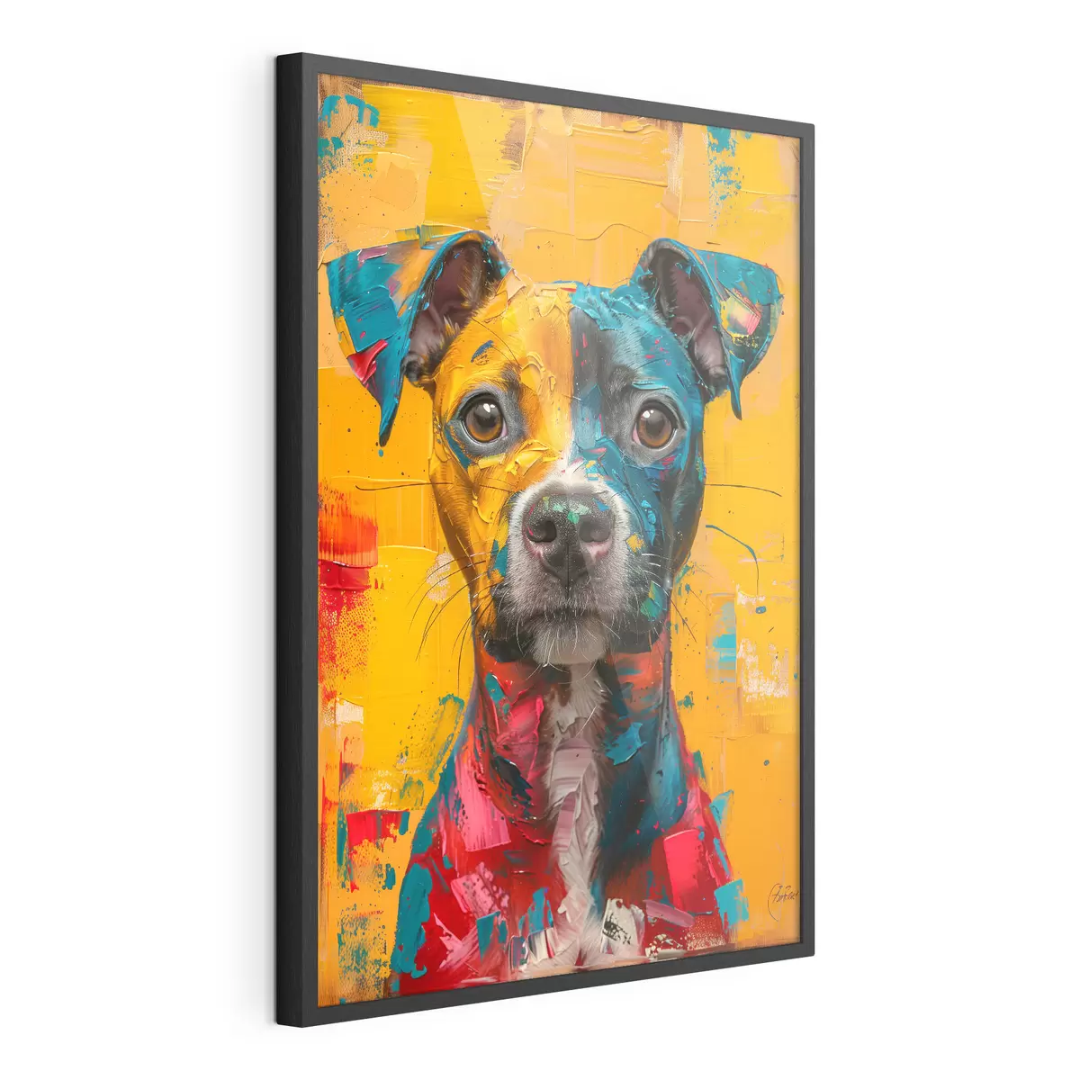 Plakat Portret Pitbulla z żółtymi i niebieskimi pociągnięciami pędzla olejnego f39722