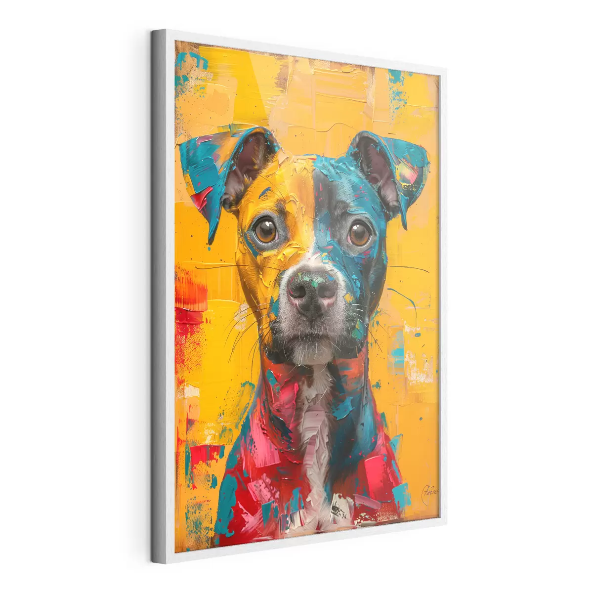 Plakat Portret Pitbulla z żółtymi i niebieskimi pociągnięciami pędzla olejnego f39722