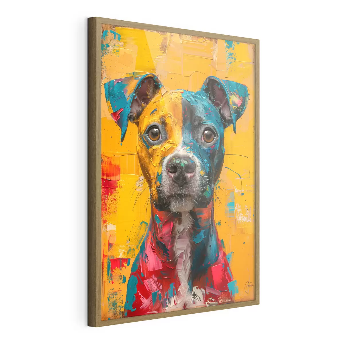 Plakat Portret Pitbulla z żółtymi i niebieskimi pociągnięciami pędzla olejnego f39722