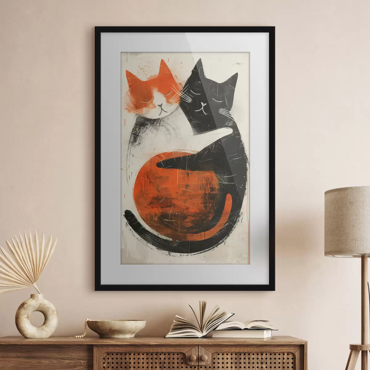 Plakat Minimalistyczna ilustracja tuszem przedstawiająca dwa urocze koty f39725