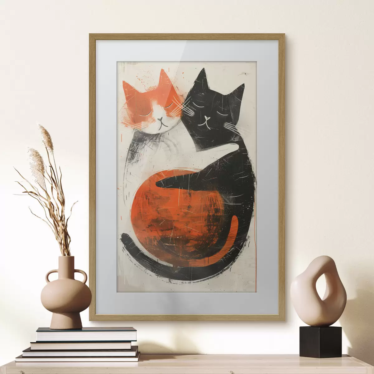 Plakat Minimalistyczna ilustracja tuszem przedstawiająca dwa urocze koty f39725