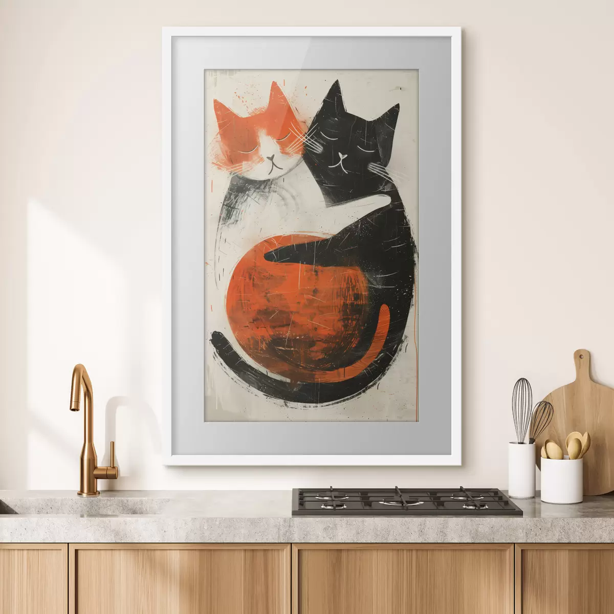 Plakat Minimalistyczna ilustracja tuszem przedstawiająca dwa urocze koty f39725