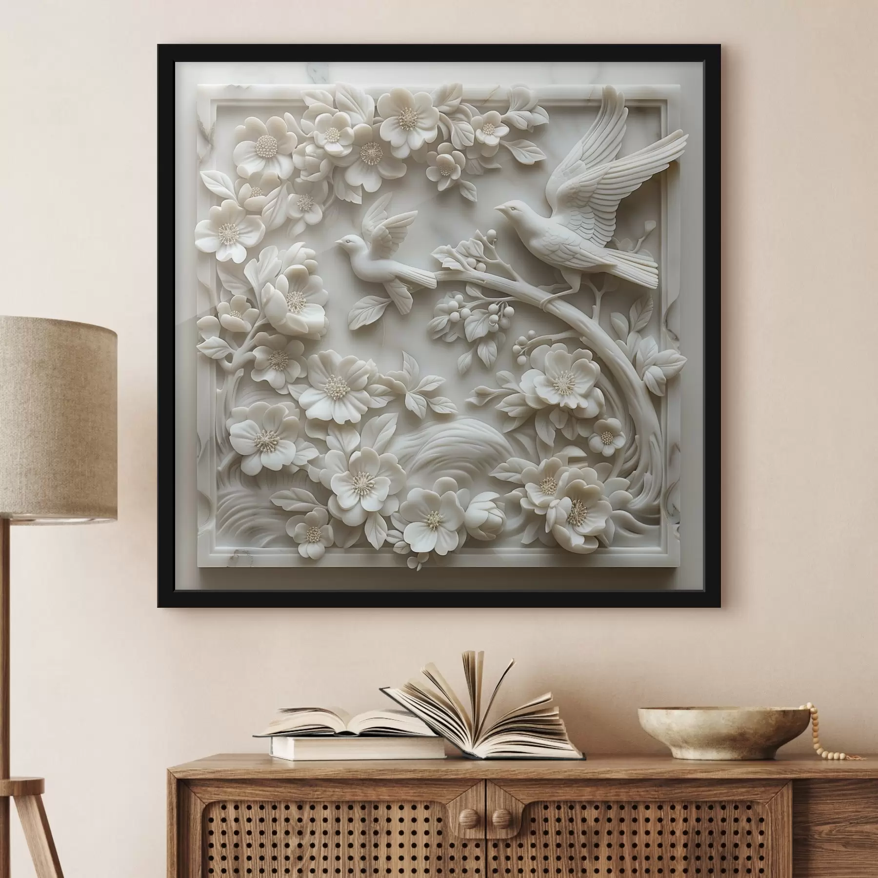 Fototapeta Ogród z białego marmuru z płaskorzeźbami ptaków i kwiatów f39728