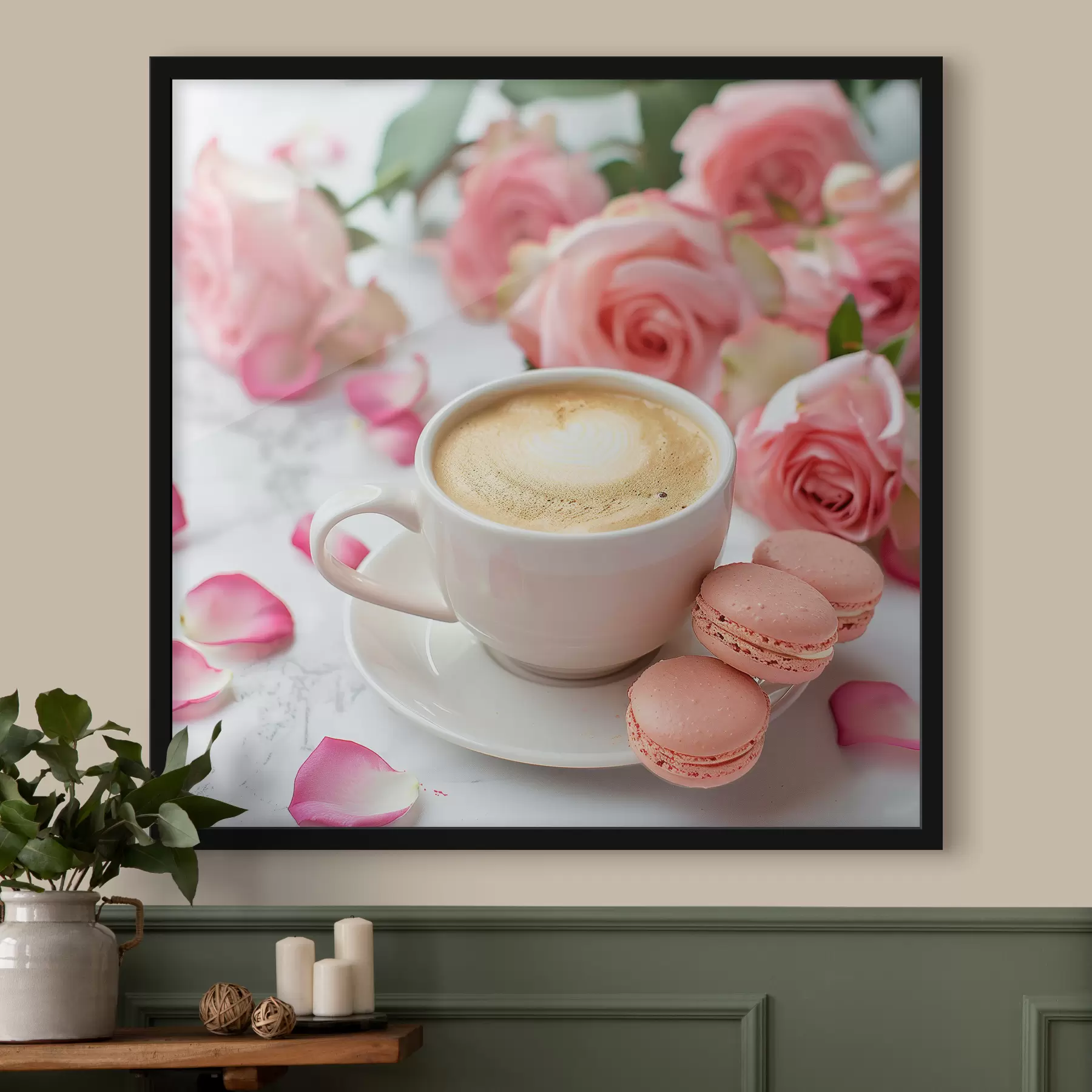 Fototapeta Makaroniki cappuccino i róże f39231
