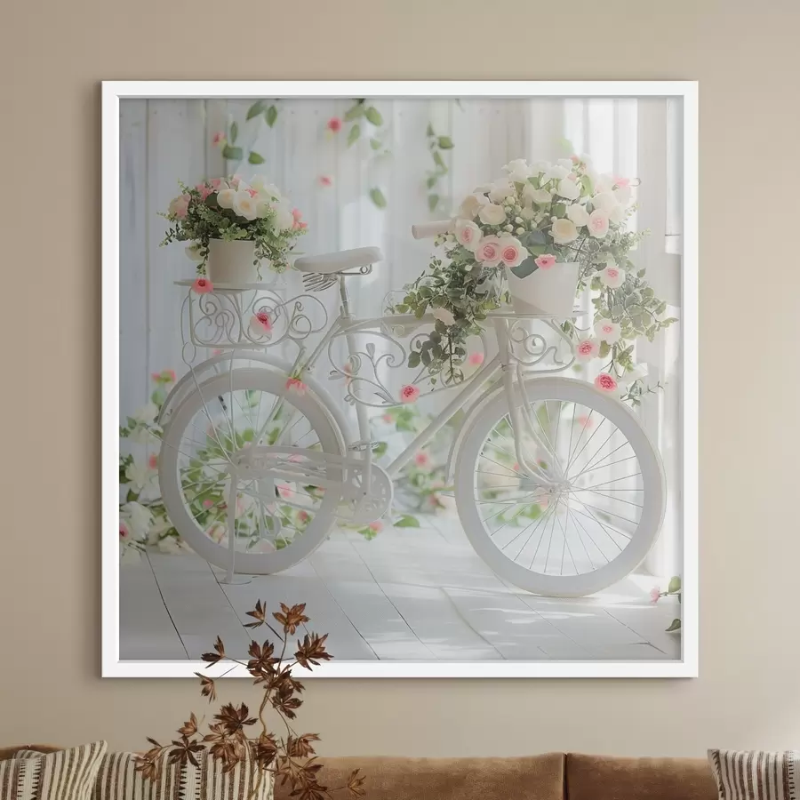Fototapeta Biały rower z koszem kwiatów w stylu prowansalskim f39243