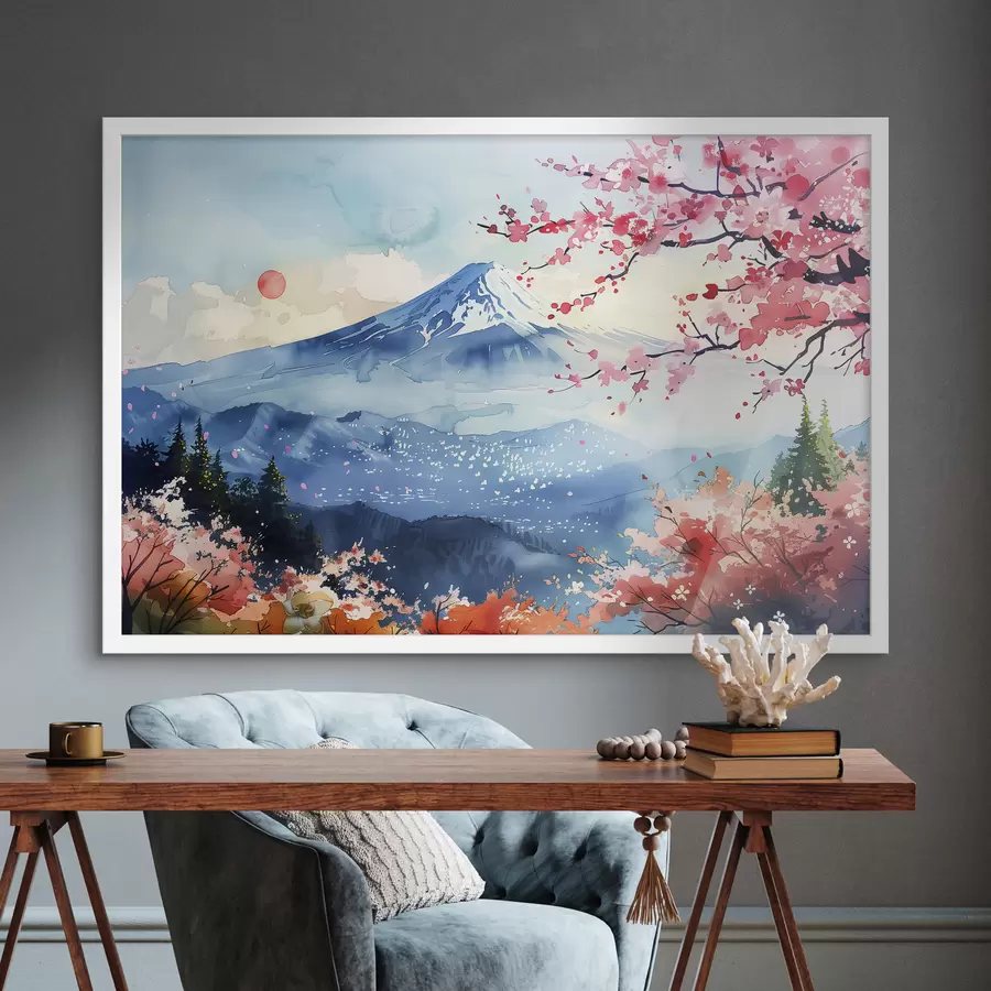 Fototapeta Górski krajobraz Fuji, orientalna przyroda, wiśnie, zachód słońca f39775