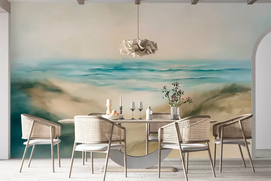 Fototapeta Abstrakcyjny krajobraz w pastelowych kolorach, plaża, morze, akwamaryn i beżowa paleta kolorów, pociągnięcia pędzlem w08141v1