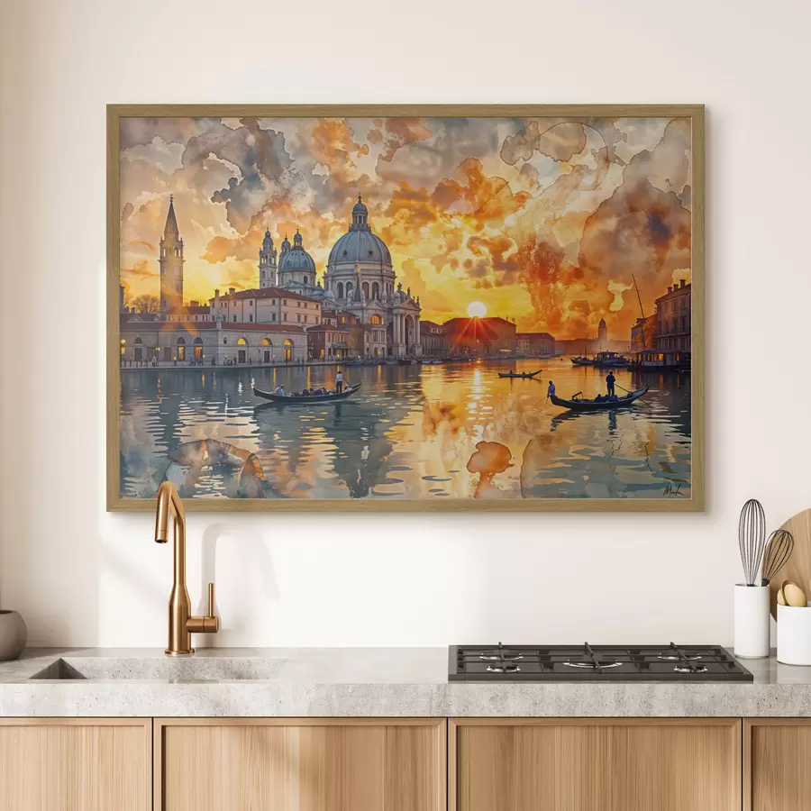 Fototapeta Kolorowy i dramatyczny zachód słońca nad Canal Grande w Wenecji, Włochy, akwarela f40027