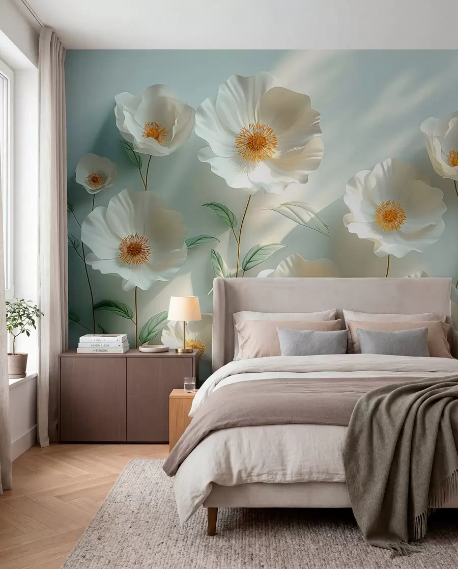 Fototapeta Białe maki na ścianie w świetle słonecznym i z efektem 3D w01339