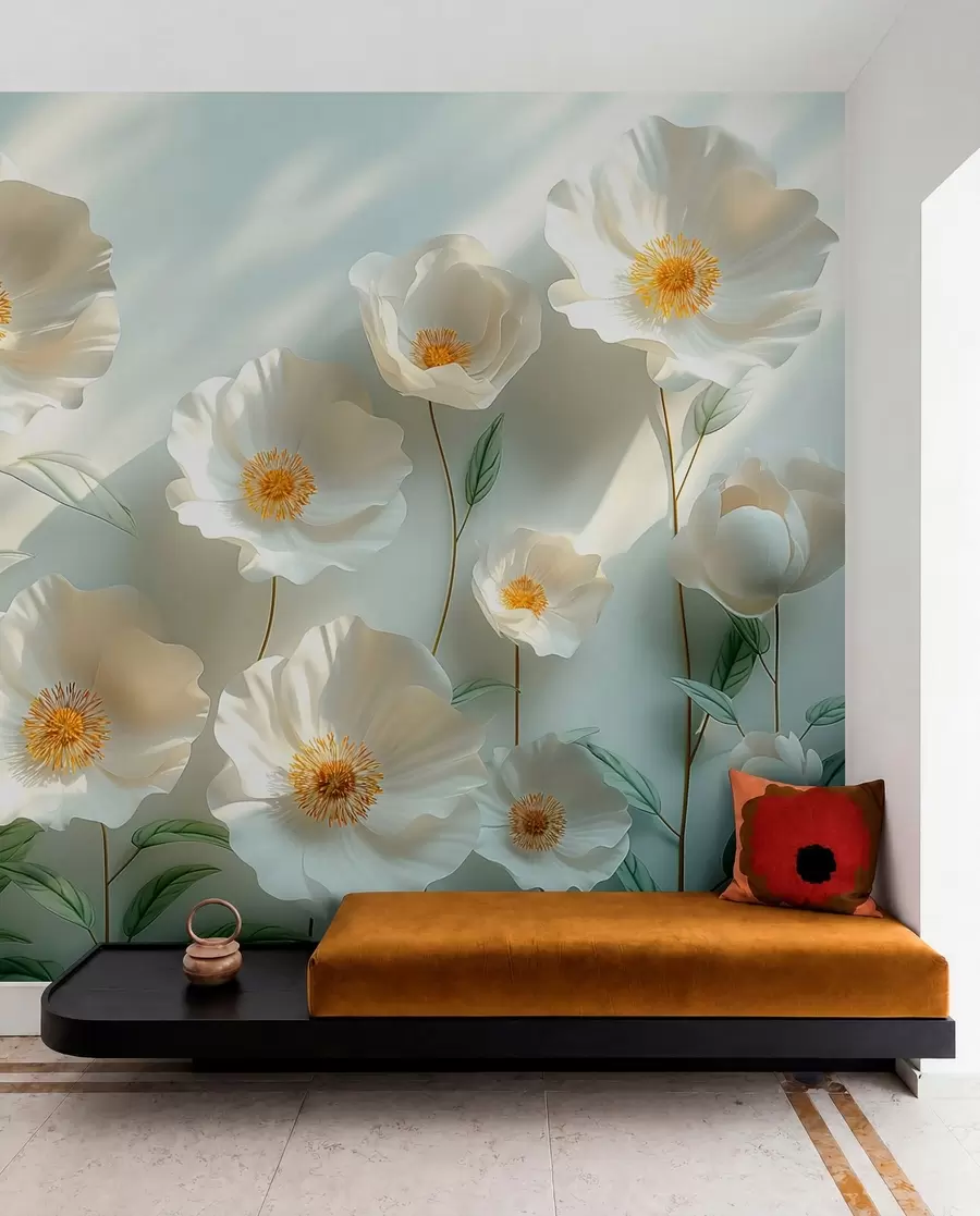 Fototapeta Białe maki na ścianie w świetle słonecznym i z efektem 3D w01339