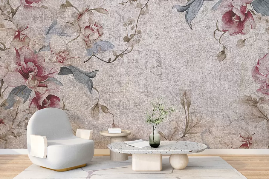 Fototapeta Wzór kwiatowy w stylu vintage z delikatnymi różowymi i białymi kwiatami, liśćmi na jasnobeżowym tle w08149