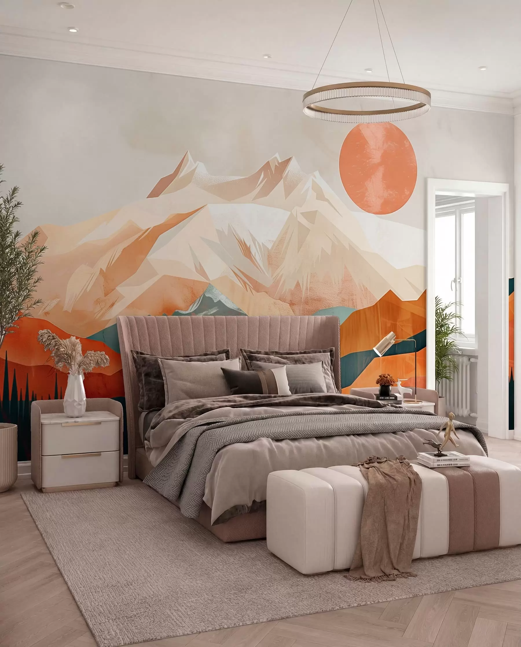Fototapeta Boho bliss: spokojny krajobraz gór, drzew i słońca w01358