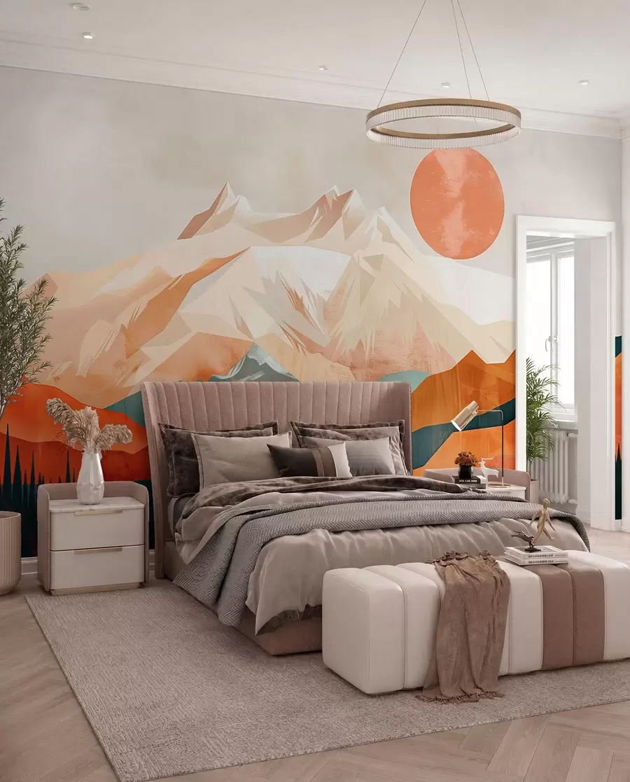 Fototapeta Boho bliss: spokojny krajobraz gór, drzew i słońca w01358