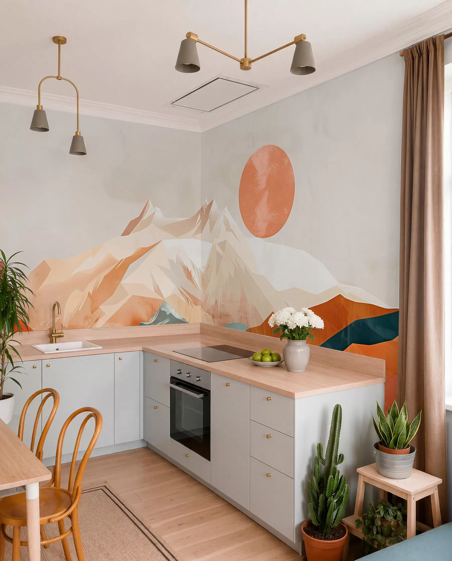 Fototapeta Boho bliss: spokojny krajobraz gór, drzew i słońca w01358