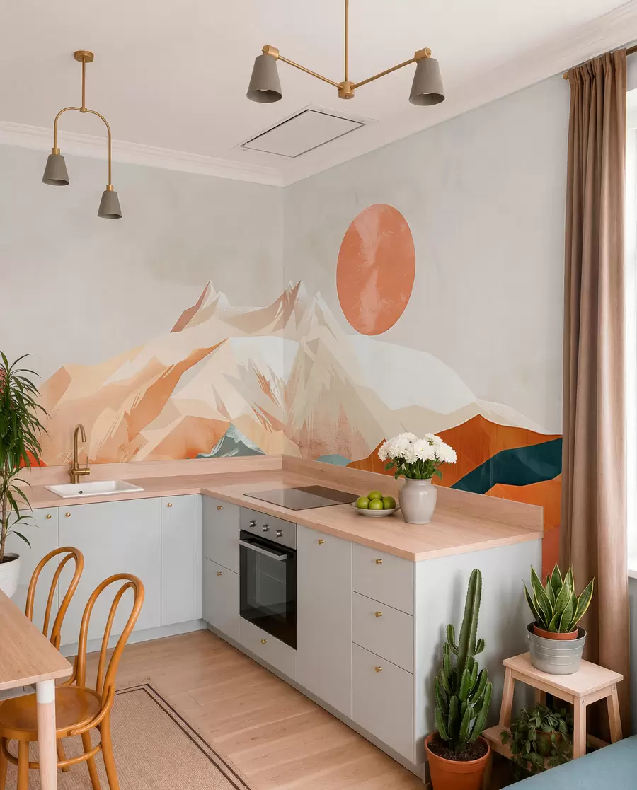 Fototapeta Boho bliss: spokojny krajobraz gór, drzew i słońca w01358