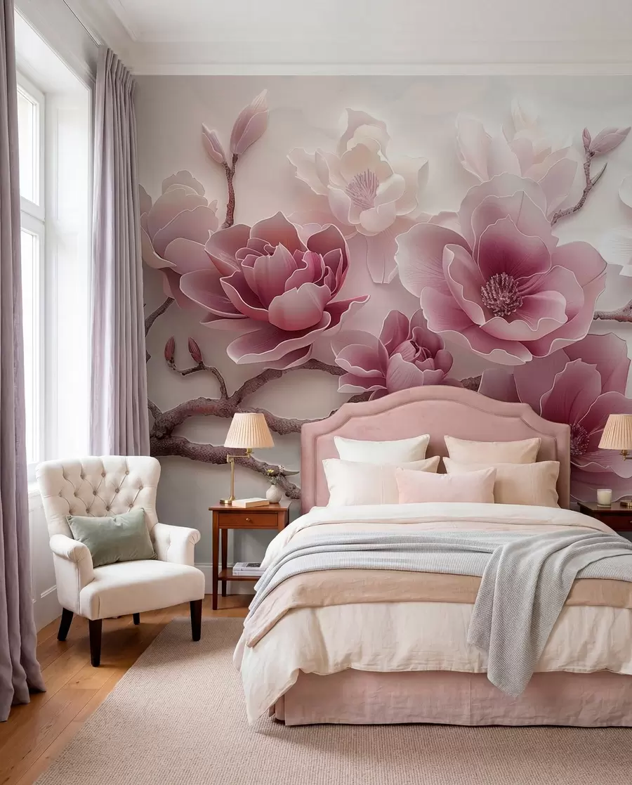 Fototapeta Różowe tłoczone kwiaty magnolii na delikatnej gałęzi w01359v2