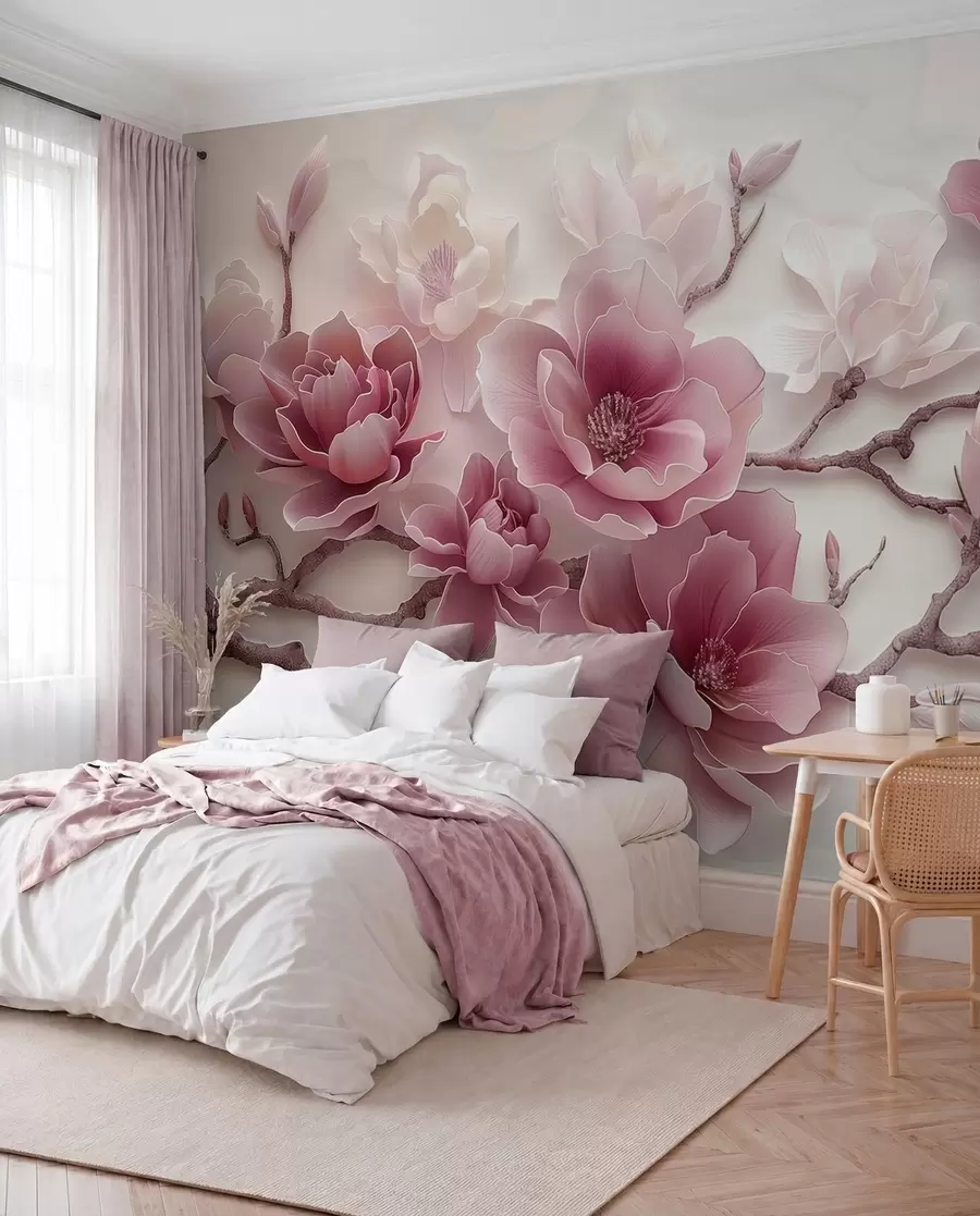 Fototapeta Różowe tłoczone kwiaty magnolii na delikatnej gałęzi w01359v2