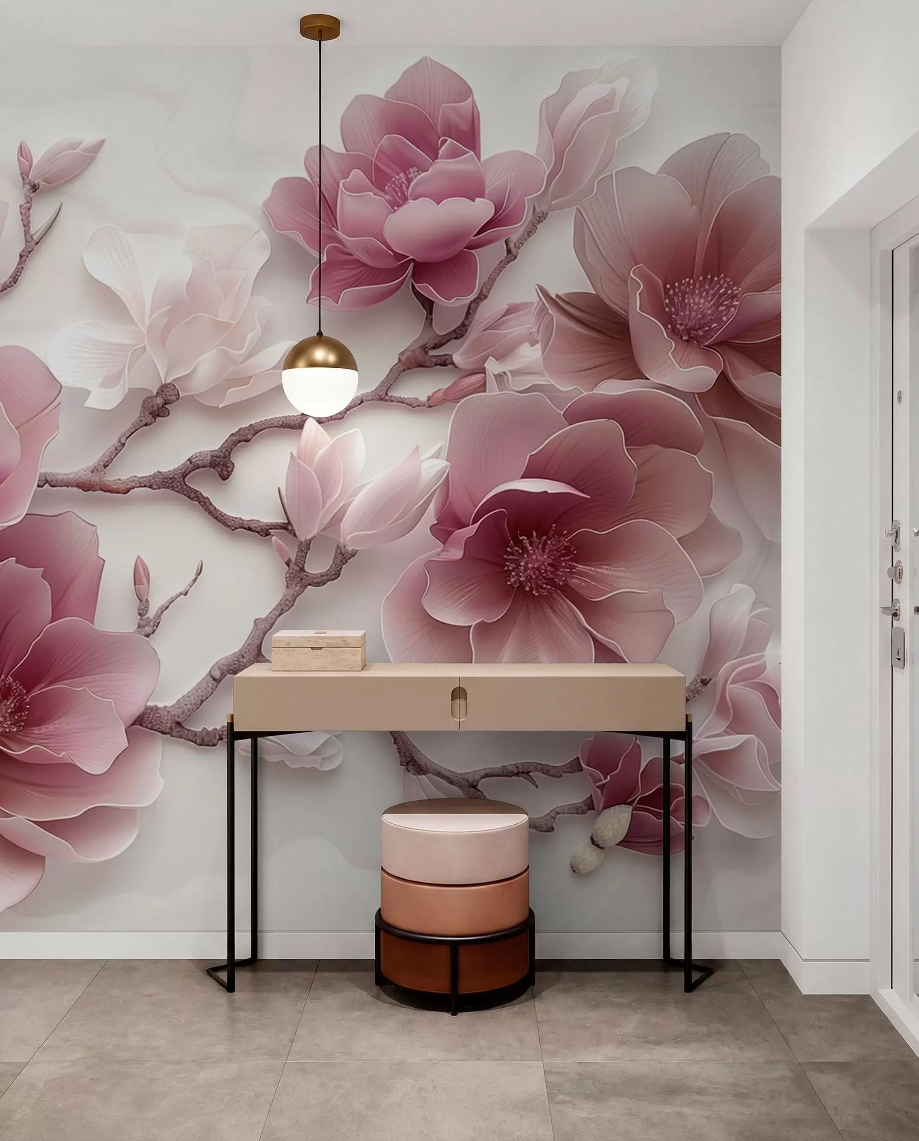Fototapeta Różowe tłoczone kwiaty magnolii na delikatnej gałęzi w01359v2