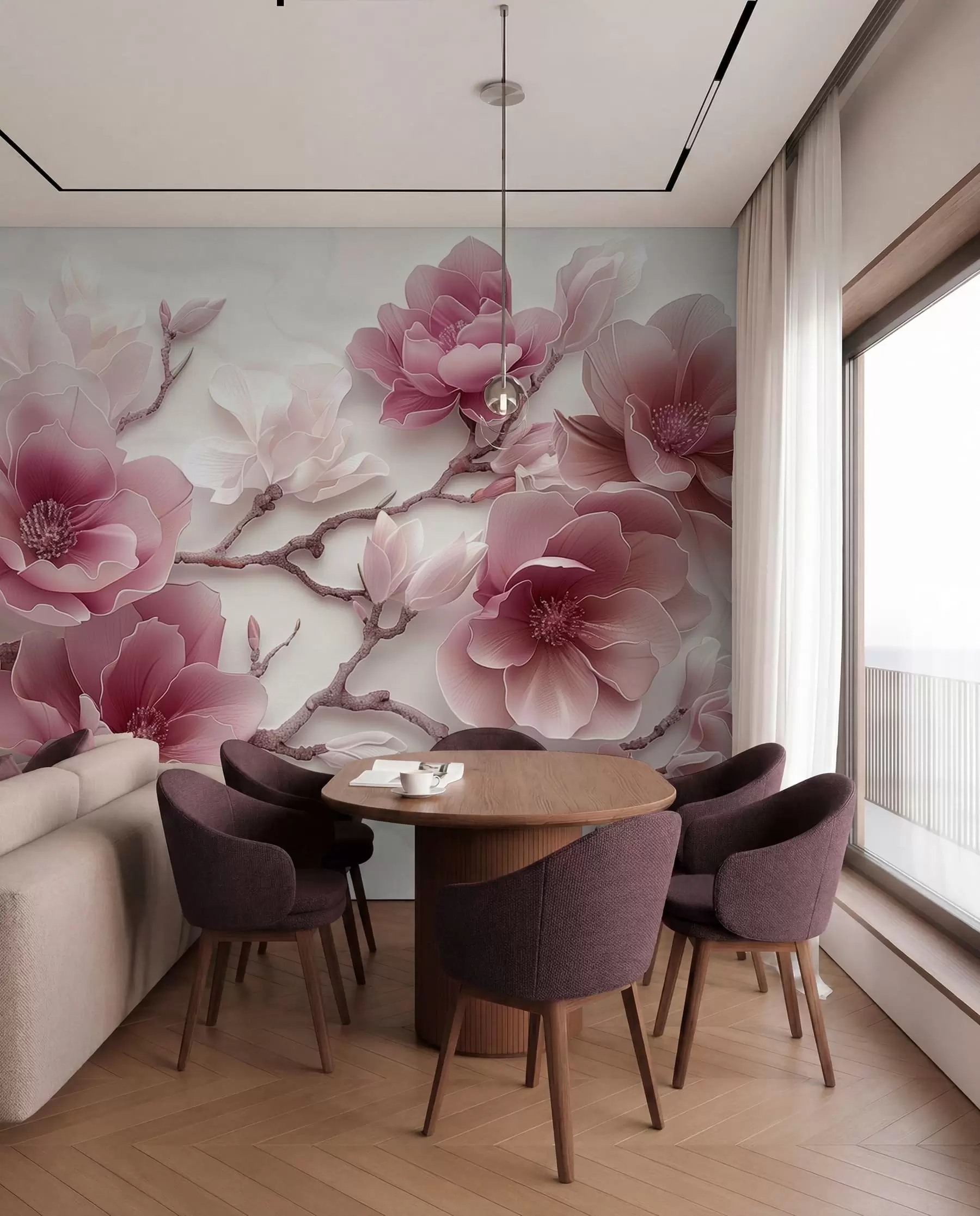 Fototapeta Różowe tłoczone kwiaty magnolii na delikatnej gałęzi w01359v2