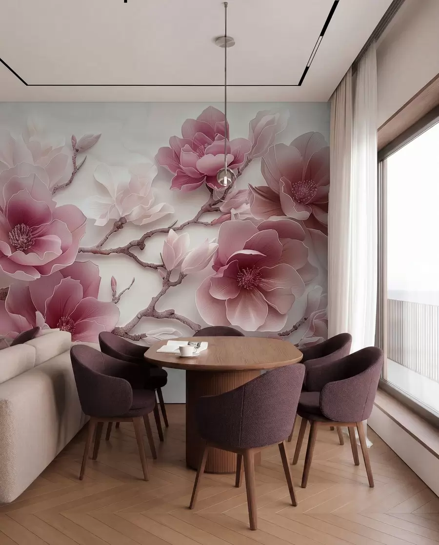 Fototapeta Różowe tłoczone kwiaty magnolii na delikatnej gałęzi w01359v2