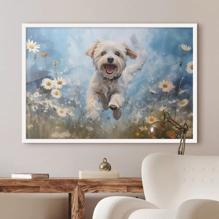 Fototapeta Mały biały pies skaczący wśród stokrotek na niebieskim tle akwarela f40092