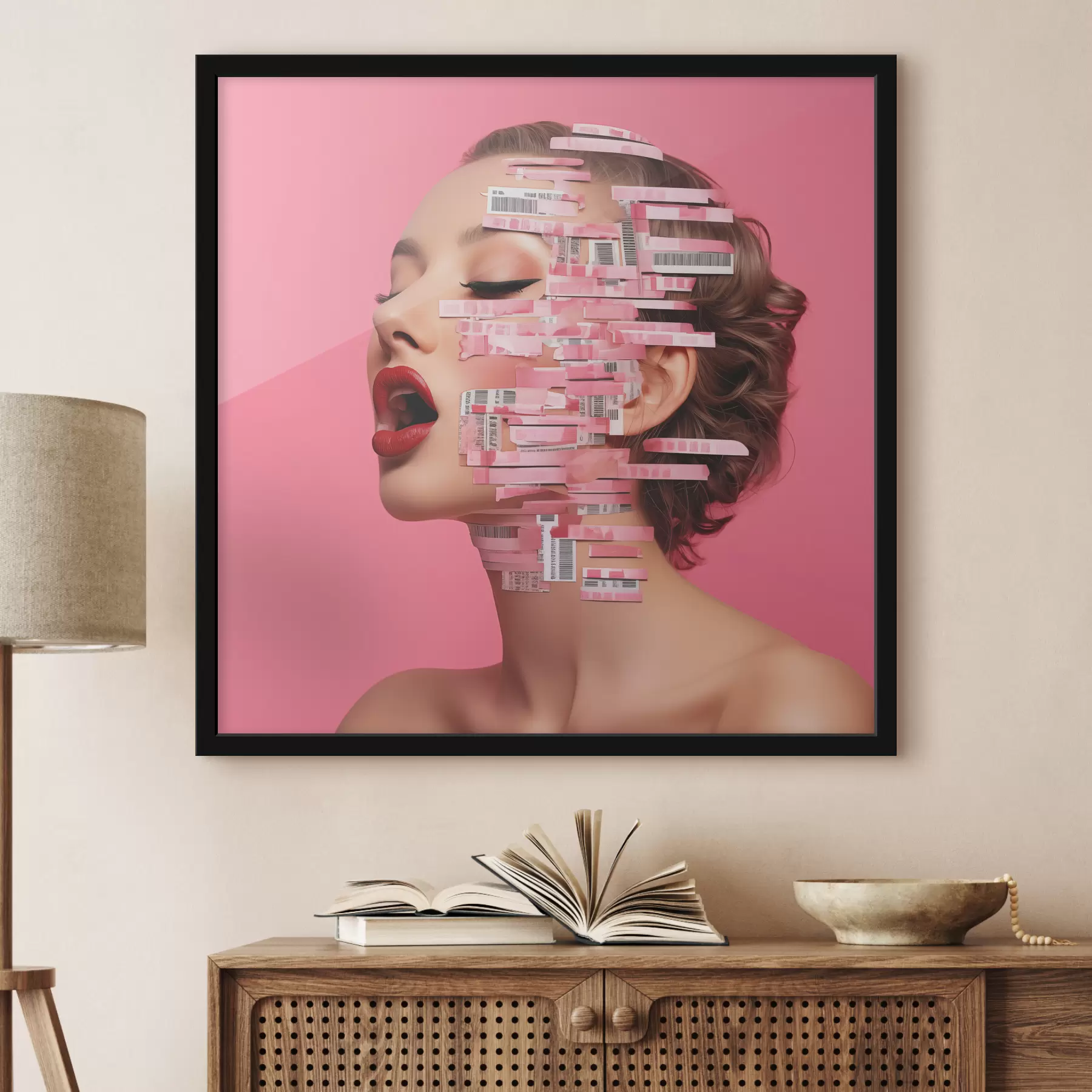 Fototapeta Portret dziewczynki z czerwonymi ustami pokrytymi kodami kreskowymi na różowym tle f40101