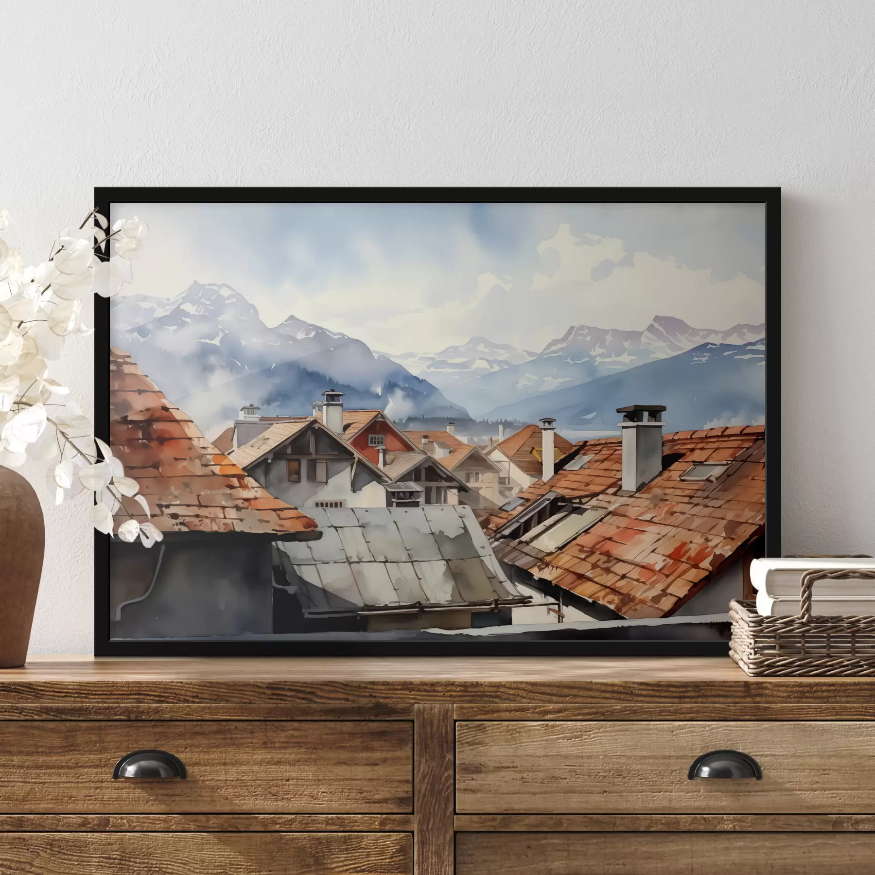 Fototapeta Dachy domów wiejskich na tle gór akwarela f40107