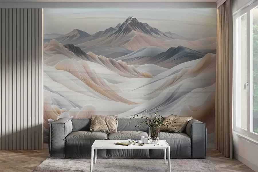 Fototapeta Górski krajobraz z ośnieżonymi szczytami w odcieniach beżu, minimalistyczna estetyka  w08191