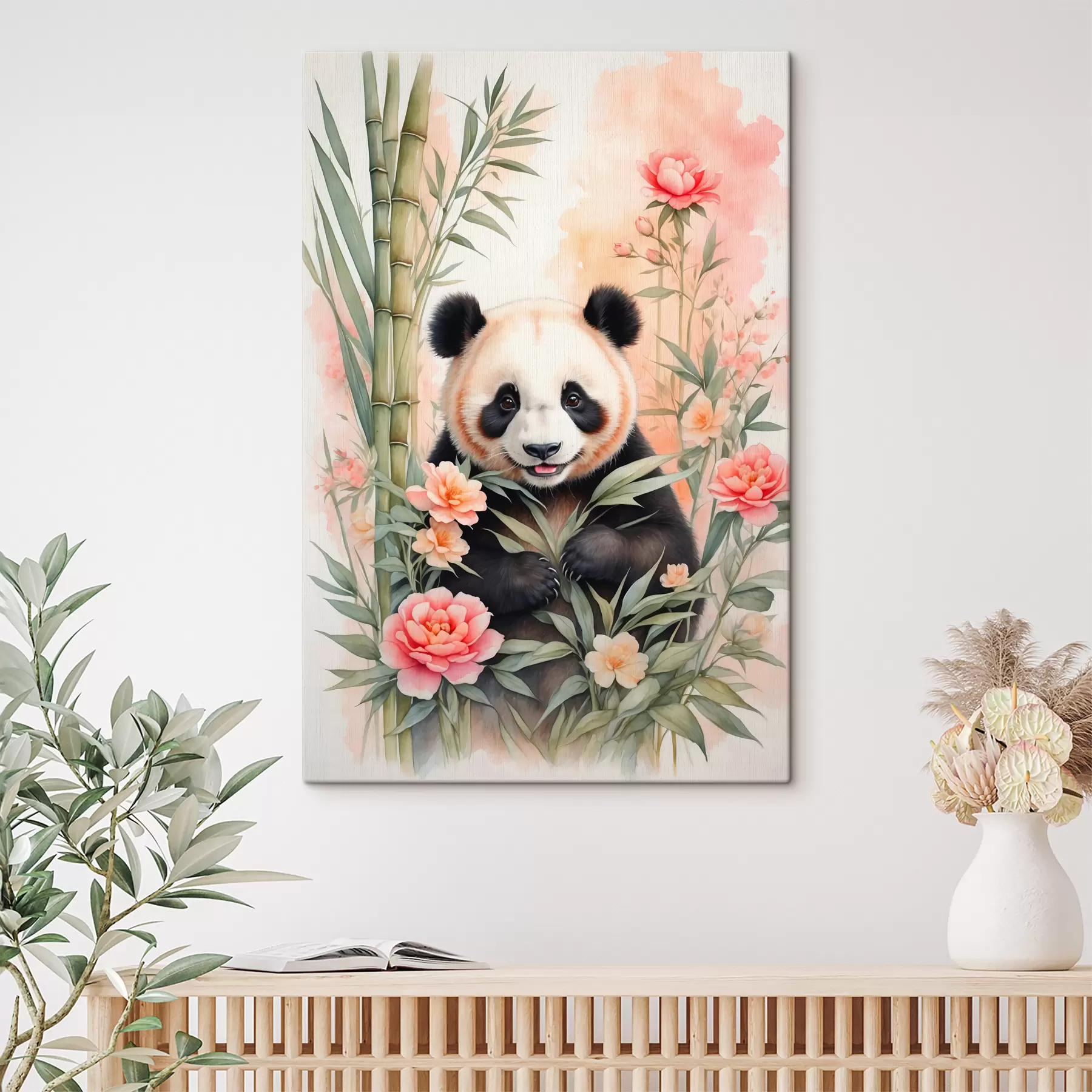Fototapeta Panda z kwiatami i bambusem s40125