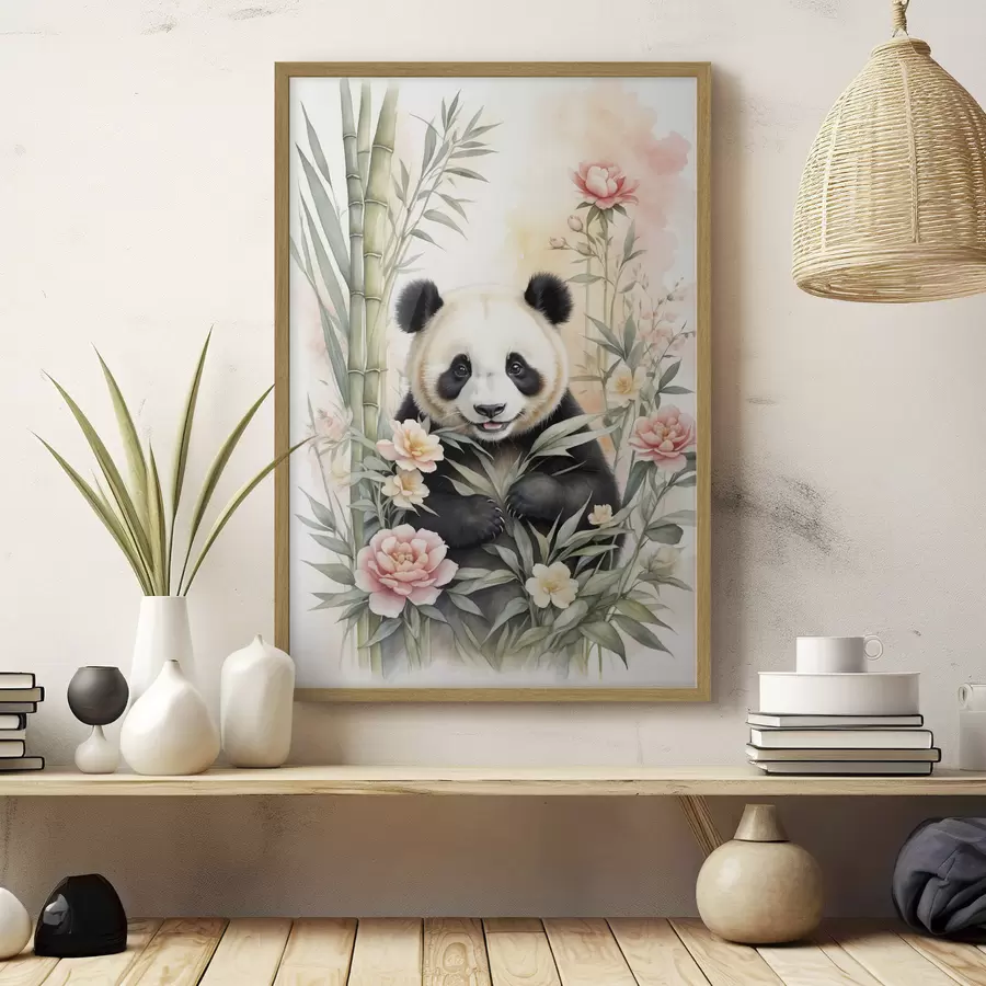 Fototapeta Panda z kwiatami i bambusem f40125
