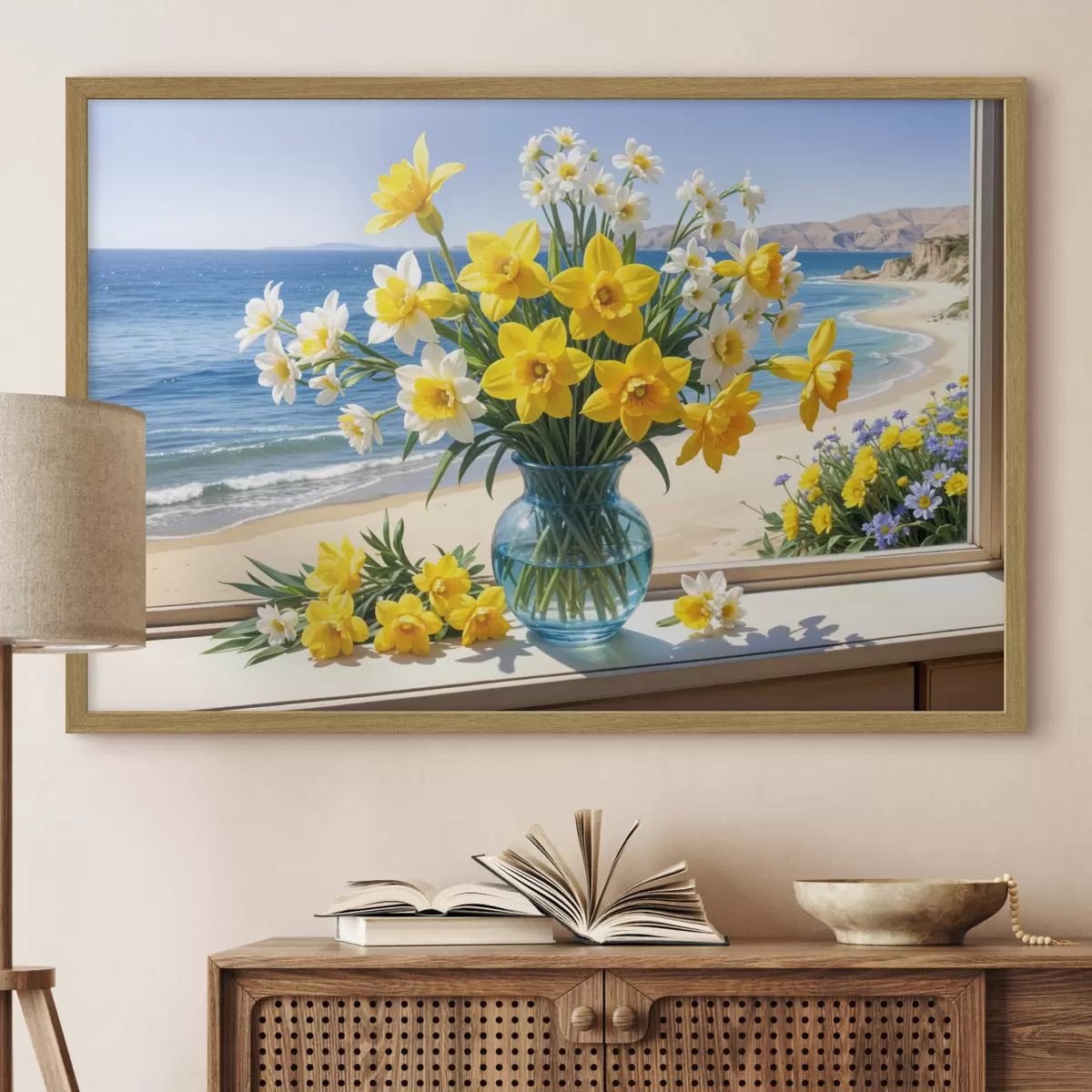 Plakat Bukiet żółtych żonkili i białych stokrotek w szklanym wazonie na parapecie z widokiem na plażę i ocean f40171