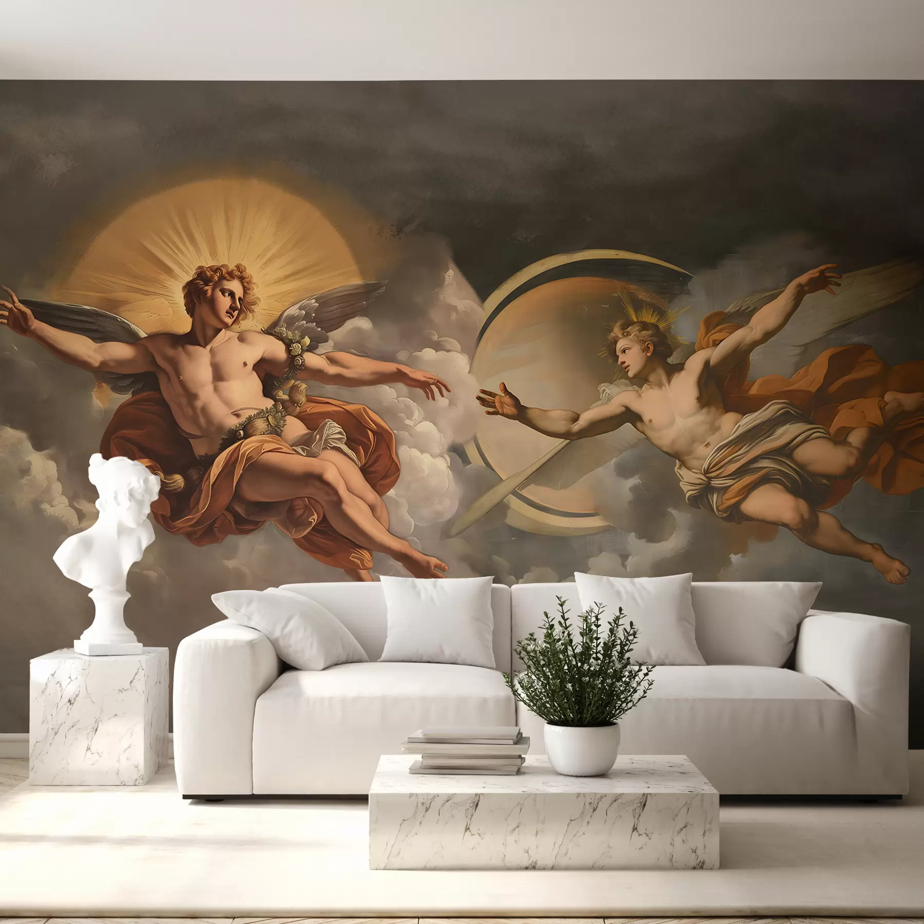 Fototapeta mural w stylu renesansowych fresków w odcieniach beżu i ciemnych. Dwie męskie postacie bogów wyciągające do siebie ręce. w08137