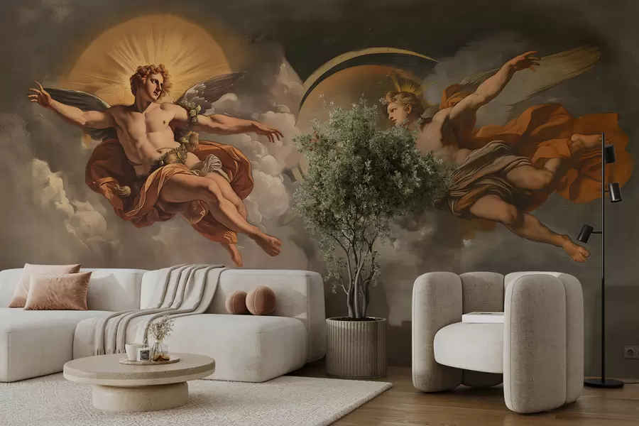 Fototapeta mural w stylu renesansowych fresków w odcieniach beżu i ciemnych. Dwie męskie postacie bogów wyciągające do siebie ręce w08137