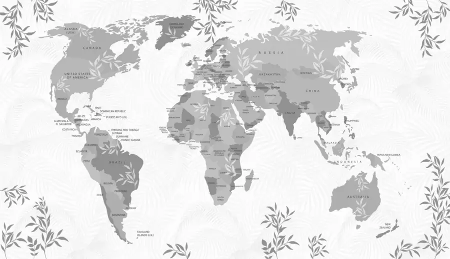 Fototapeta Stylowa mapa świata z liśćmi i roślinami w kolorze szarym w08211v2