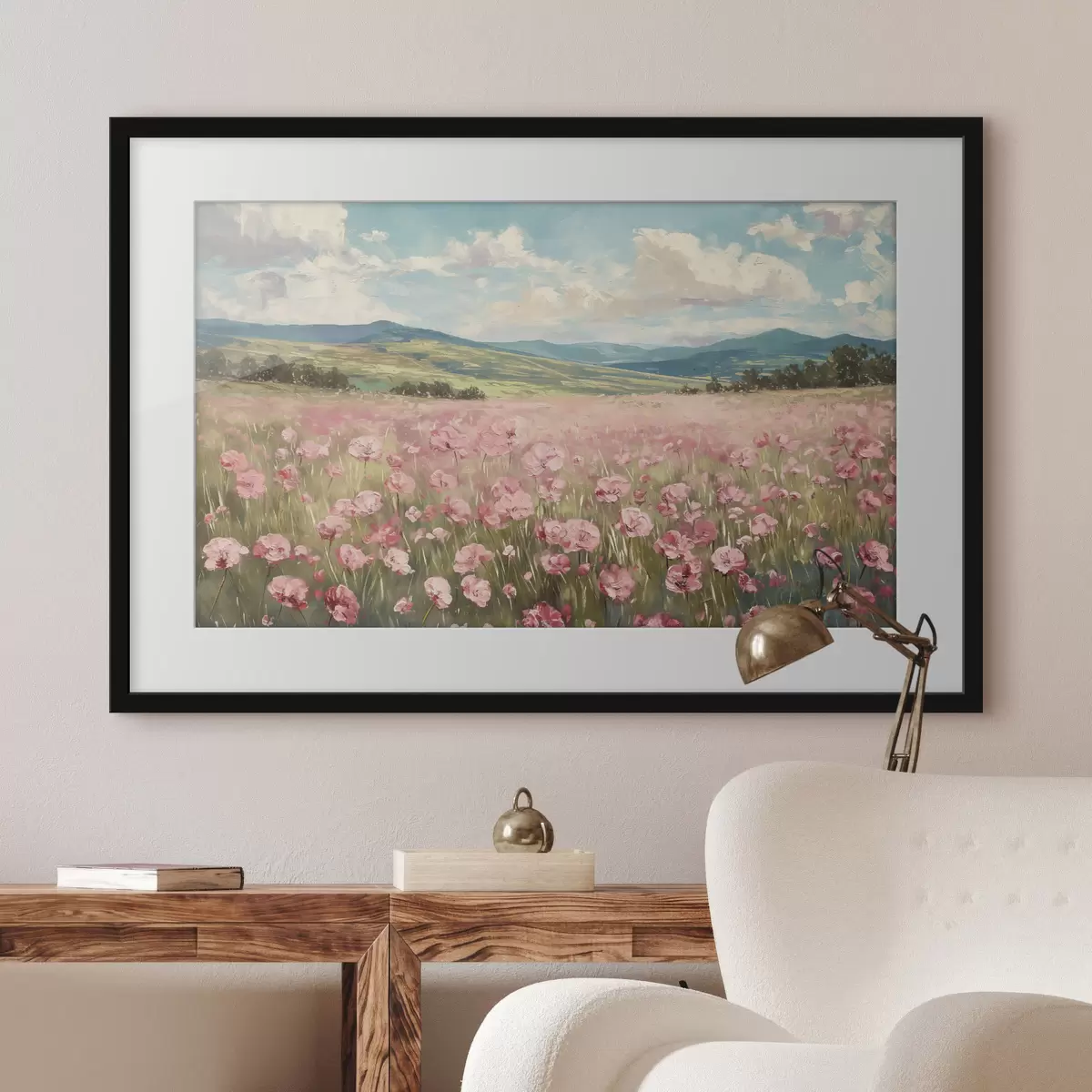 Plakat Łąka z różowymi kwiatami, góry, krajobraz natury, błękitne niebo z chmurami, akryl f40232