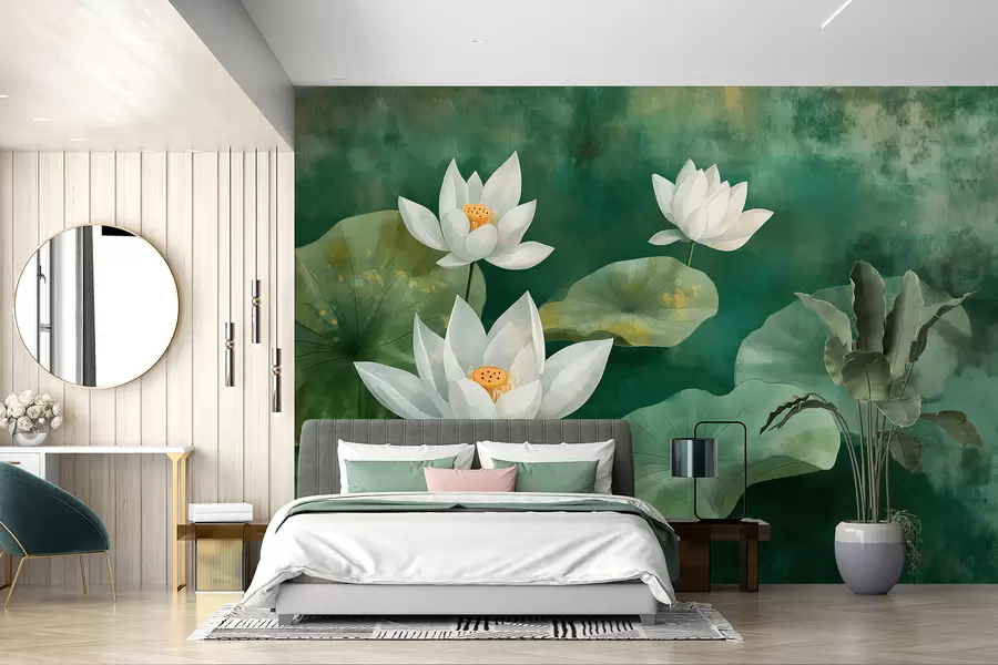 Fototapeta Lotosy w jeziorze, mgła, rysunek akwarelowy, duże liście, dżungla, naturalna paleta kolorów  w01452