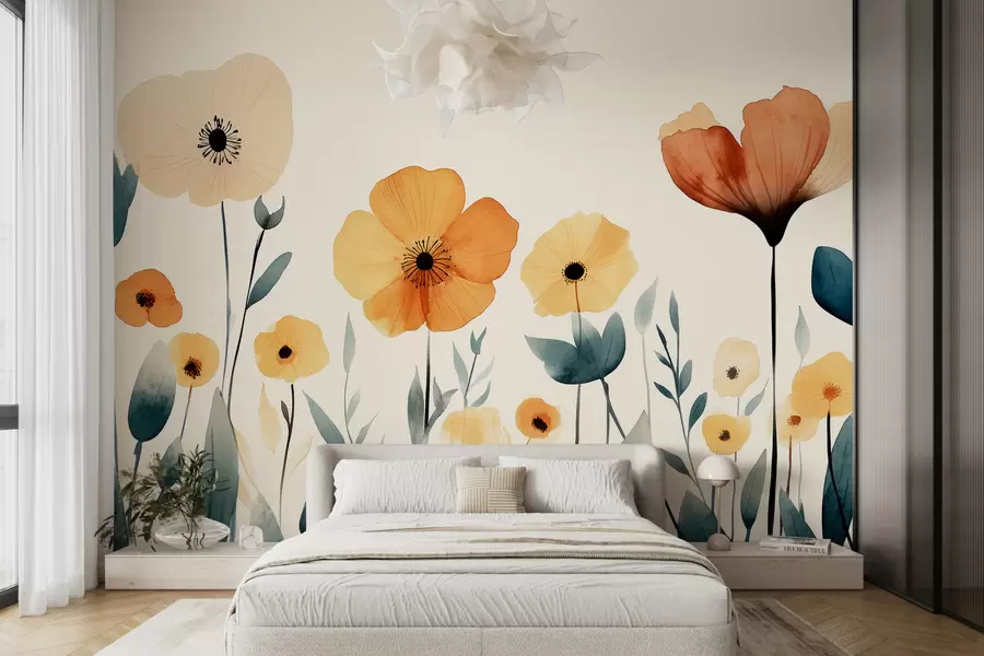 Fototapeta Kwiaty łąkowe w akwareli, rustykalne, kompozycja kwiatowa, prosty rysunek, beżowy, pomarańczowy, niebieski  w01453