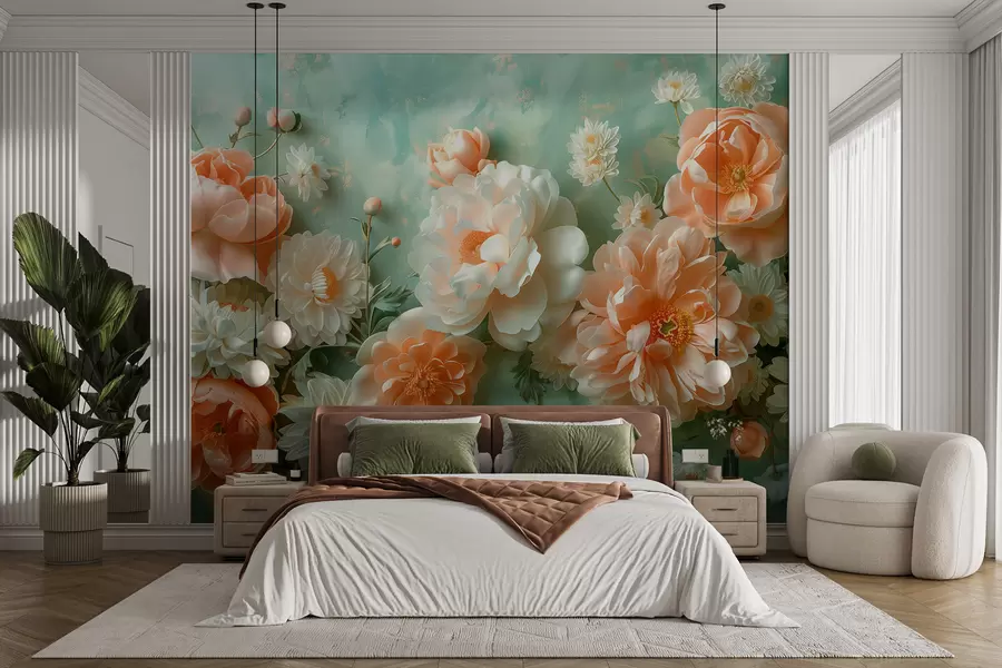 Fototapeta Miękka kompozycja z piwonii i chryzantem na szmaragdowym tle w01426