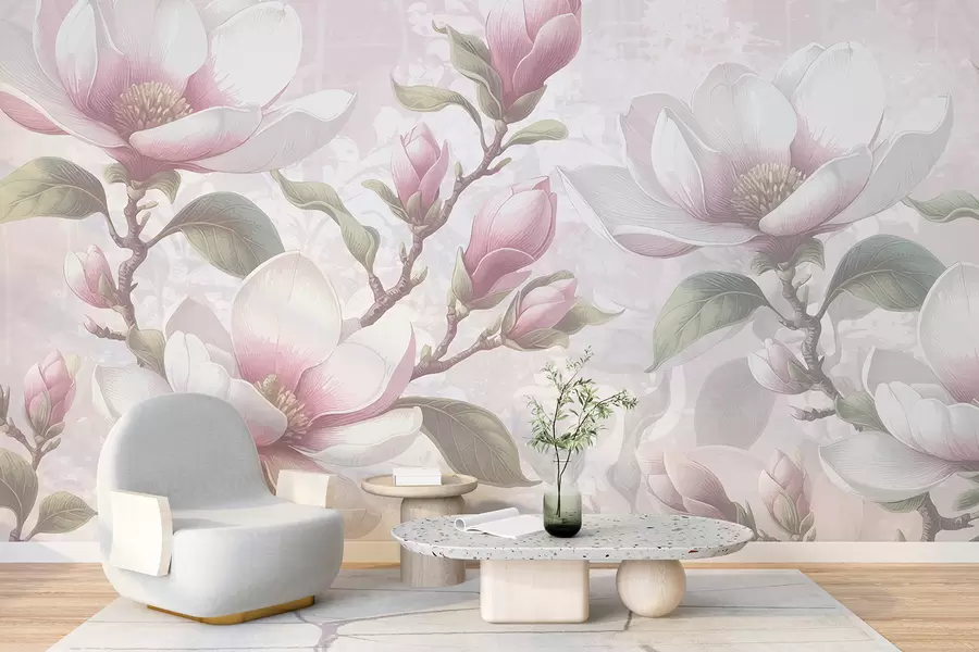 Fototapeta Delikatne różowe kwiaty magnolii w pełnym rozkwicie na miękkim, rozmytym tle w08216