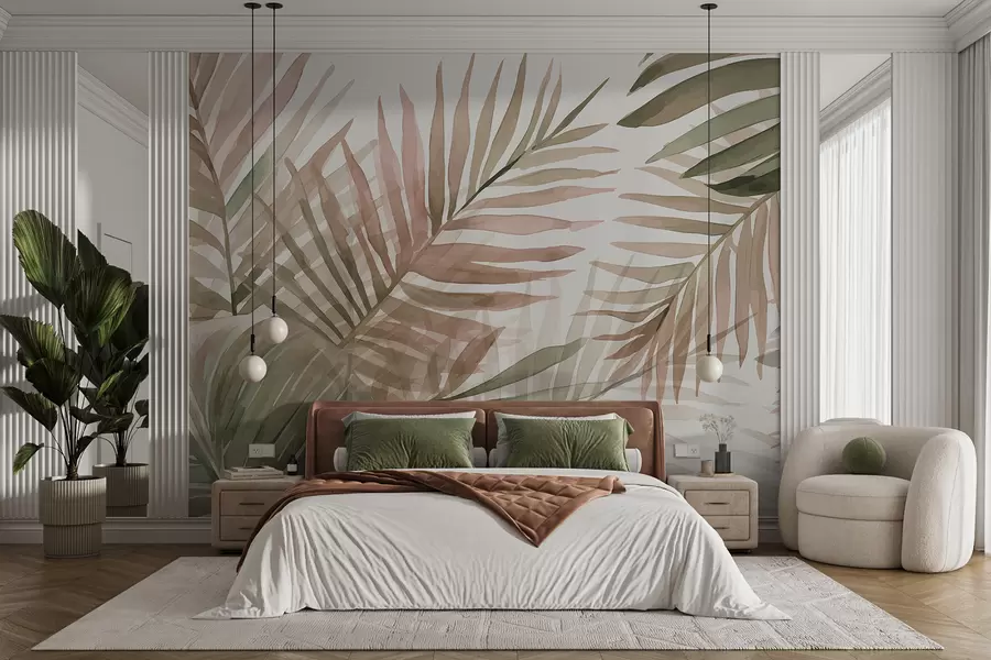 Fototapeta Liście palmy akwarelowe w różnych odcieniach zieleni i różu na jasnym tle w08218