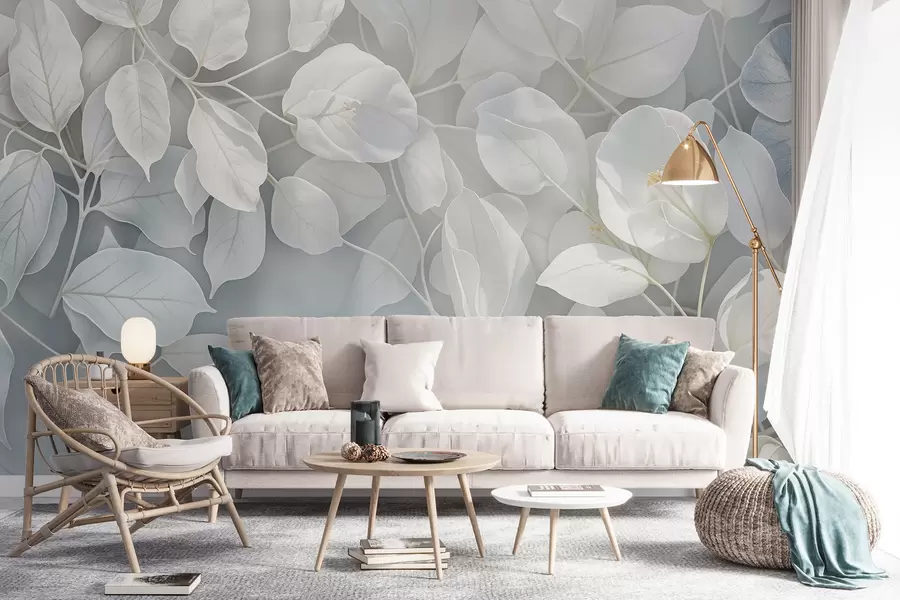 Fototapeta Miękkie, delikatne białe kwiaty z szarozielonymi liśćmi na rozmytym tle tworzą spokojną atmosferę w08232