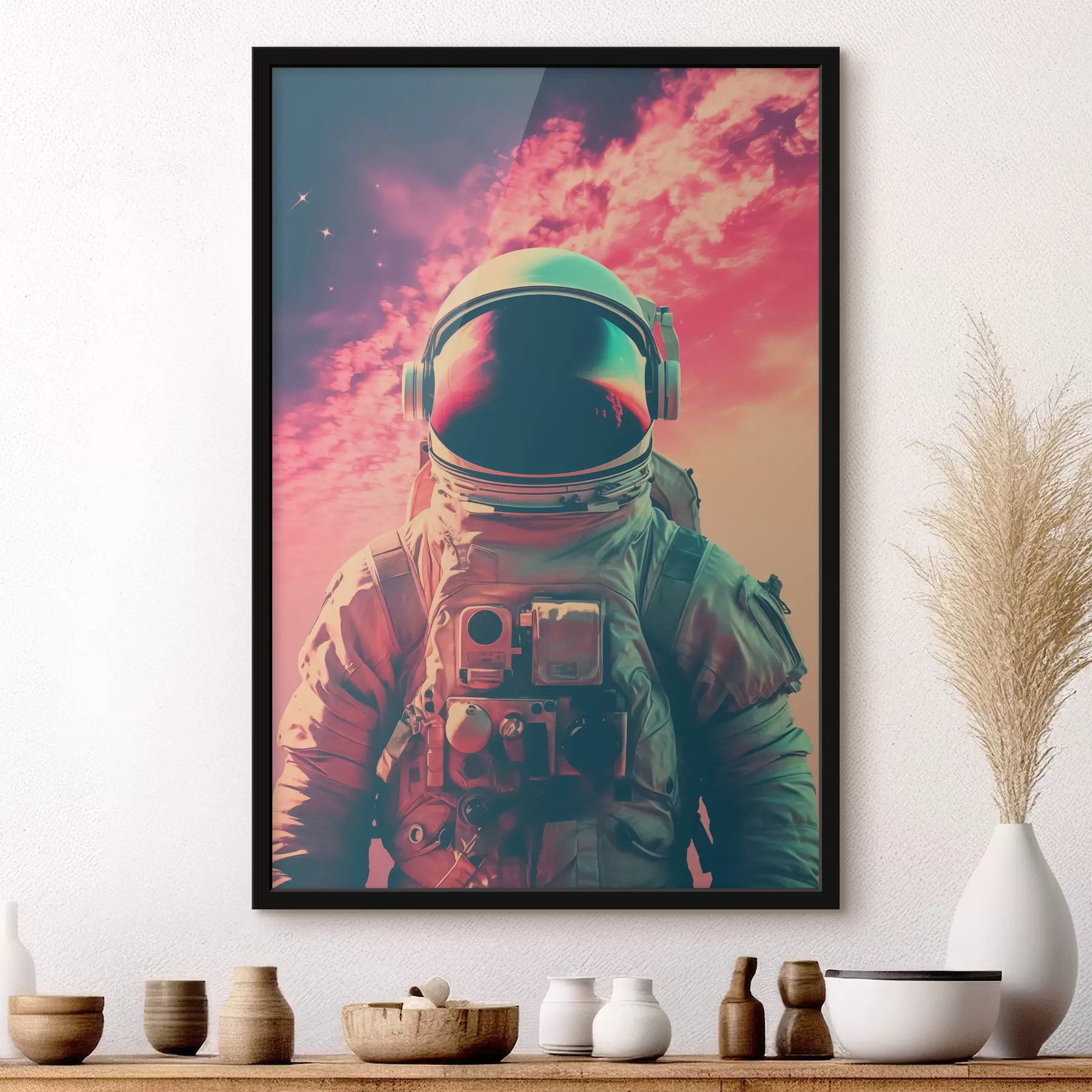 Fototapeta Astronauta w skafandrze kosmicznym na tle różowego nieba f40312
