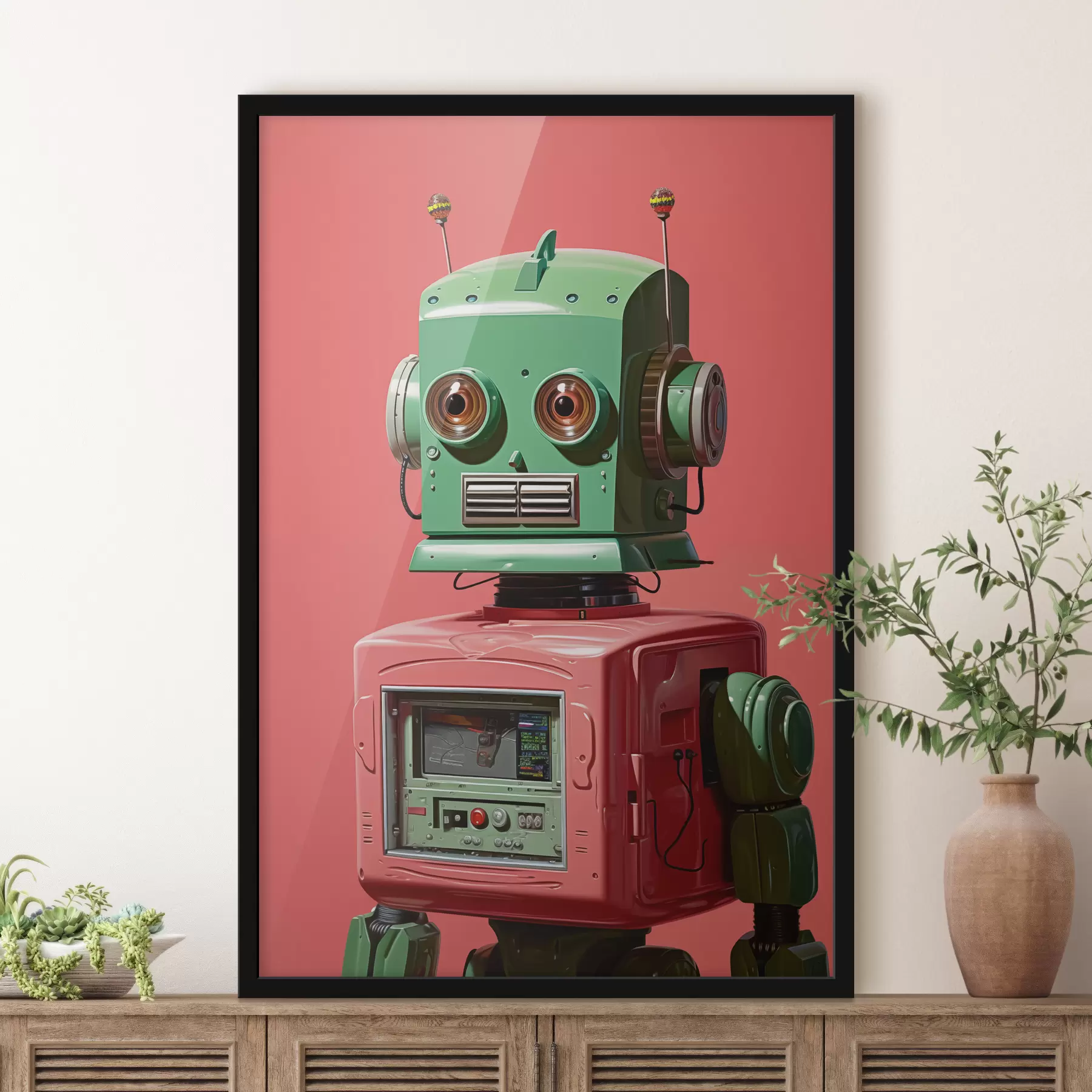 Obraz Robot Android z zieloną głową na różowym tle f40314