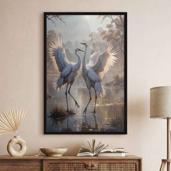 Plakat Dwa duże szare żurawie z długimi szyjami i rozpostartymi skrzydłami stoją we mglistym jeziorze otoczonym, Plakaty Natura, f40404 : Uwalls