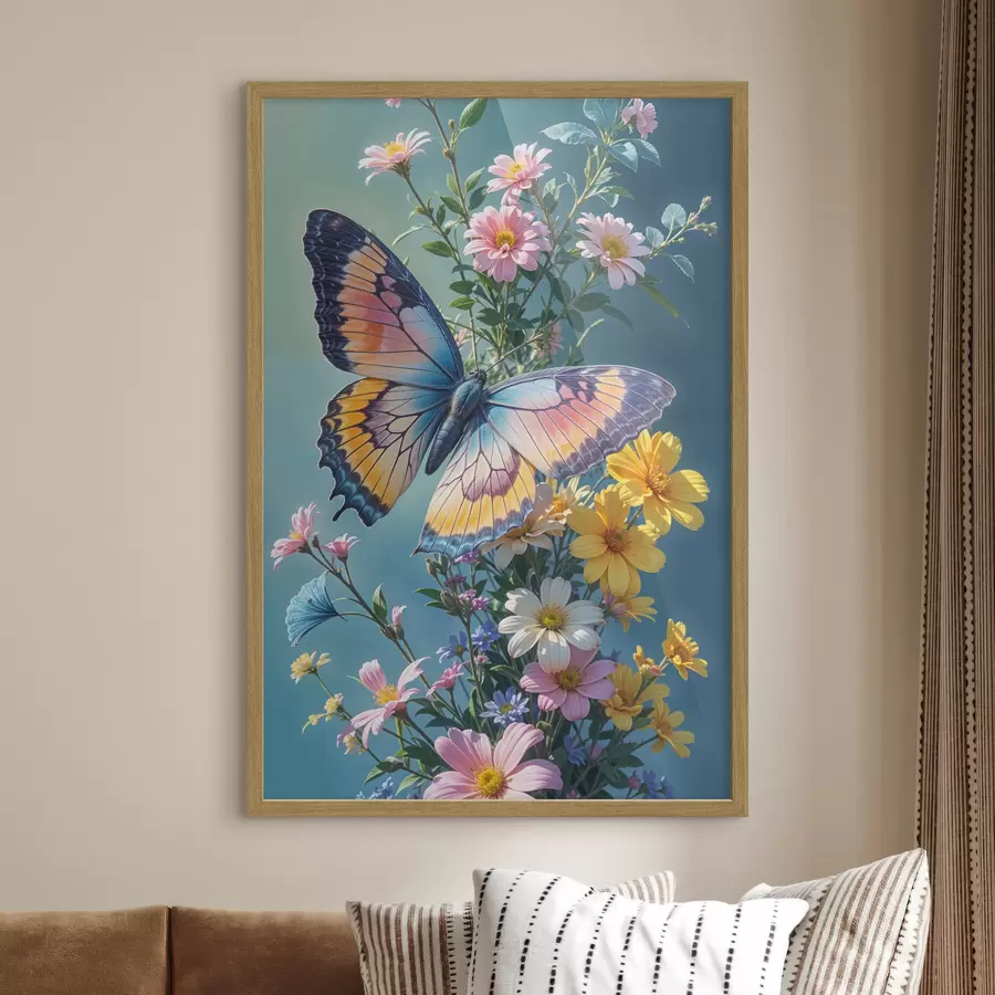 Fototapeta Duży, kolorowy motyl siedzący na bukiecie różowych i żółtych kwiatów na ciemnozielonym tle f40411