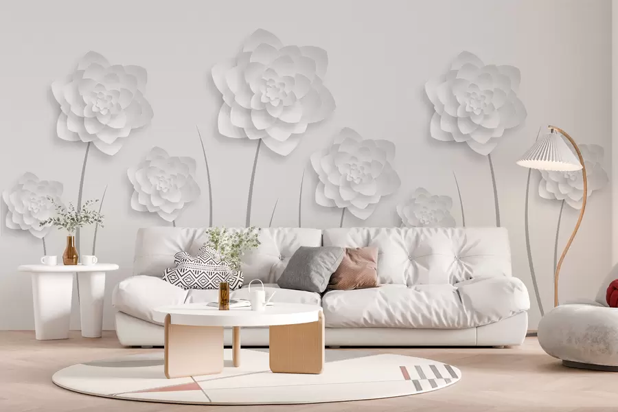 Fototapeta Duże kwiaty z imitacją objętości w stylu papierowym na jasnoszarym tle z szarą łodygą w01021