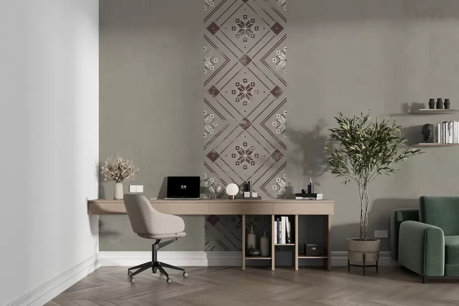 Fototapeta Patriotyczna tapeta o fakturze z minimalistycznym ornamentem w stylu ukraińskim w odcieniach brązu w01027v1